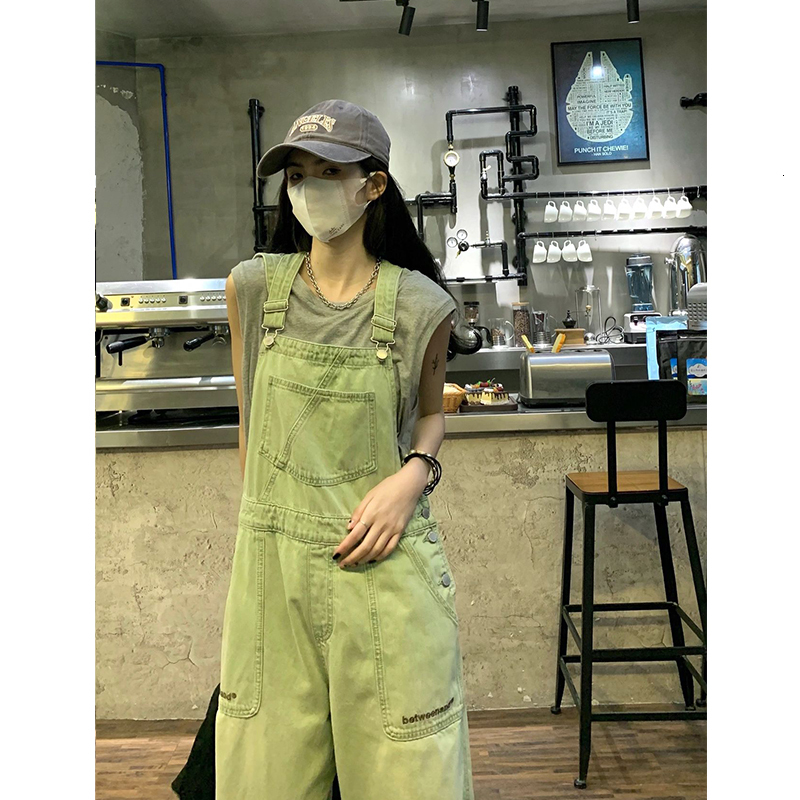 Women's Jeans Winter Green Denim Overalls Pant for Women Y2k Streetwear Baggy Pocket Straight Bib Rompers Trousers Korean Ladies 230422