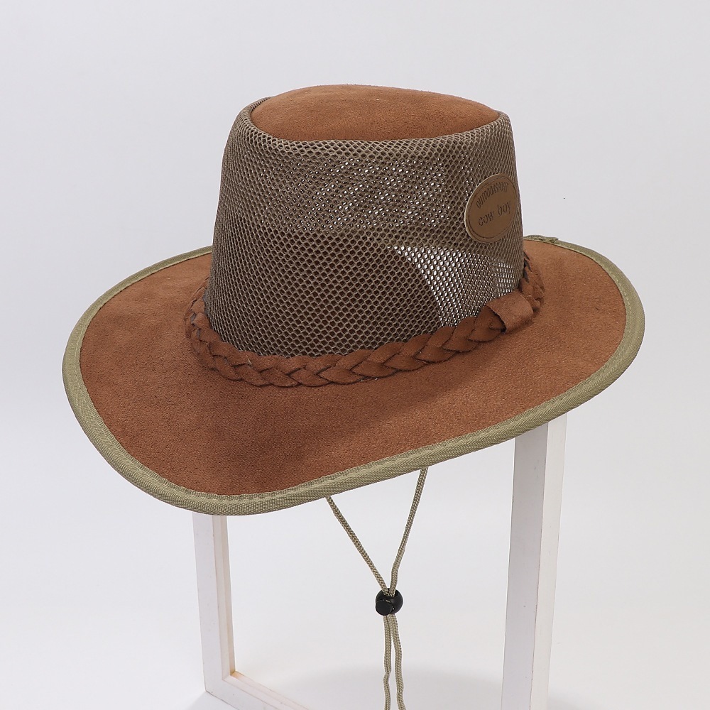 Wide Brim Hats Bucket Summer Man Cowboy Casual Style Suede Breathable Mesh Labeling Decoration Large Sunshade Outdoor Travel Cool Caps 230421