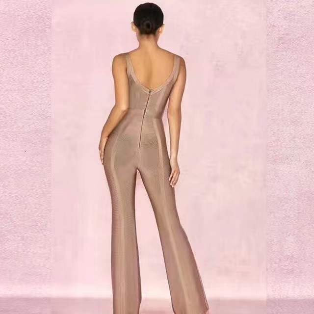 Women's Jumpsuits Rompers Summer Women Bandage Jumpsuits Romper V Neck Sexy Backless Black Khaki Red Strap Long Celebrity Party Evening Elegant 2