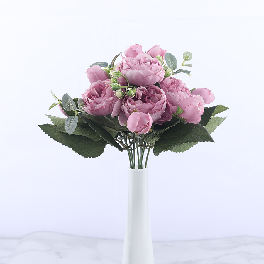 Hot Selling 10pcs/30cm Rose Pink Silk Bouquet Peony Artificial Flower 5 Big Head 4 Small Bud Bride Wedding Home Decoration