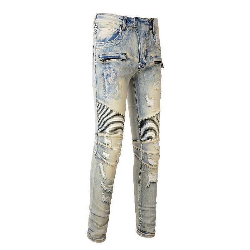 Designer Clothing Fashion Denim Pants Amiiri New High Street Trend Brand Motorcycle Folded Zipper Elastic White Worn Hole Slim Fit Elastic Jeans Men Motocycle Rock, Light blue
Designer Clothing Fashion Denim Pants Amiiri New High Street Trend Brand Motorcycle Folded Zipper Elastic White Worn Hole Slim Fit Elastic Jeans Men Motocycle Rock, Light blue