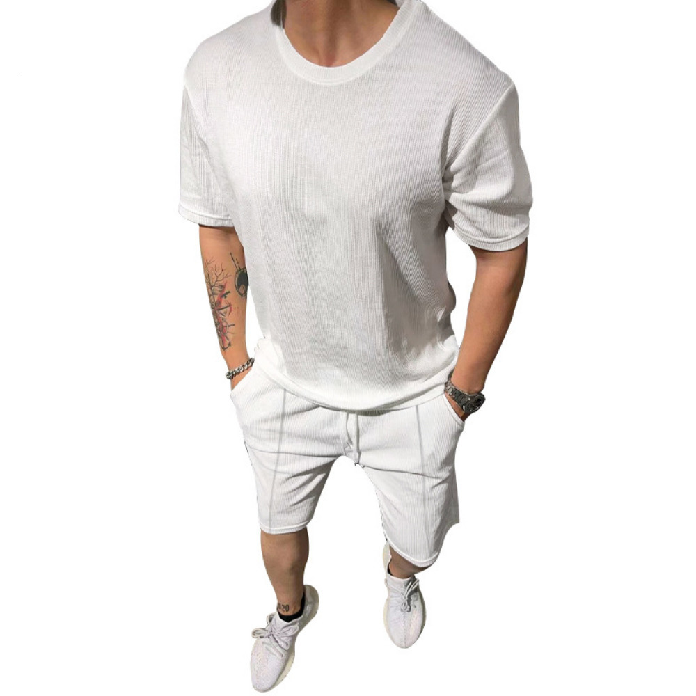Men's Tracksuits Summer Mens Shirt Sets Thin Solid Breathable Short Sleeve Waffle Shirts Shorts Men Set With Pocket 230422