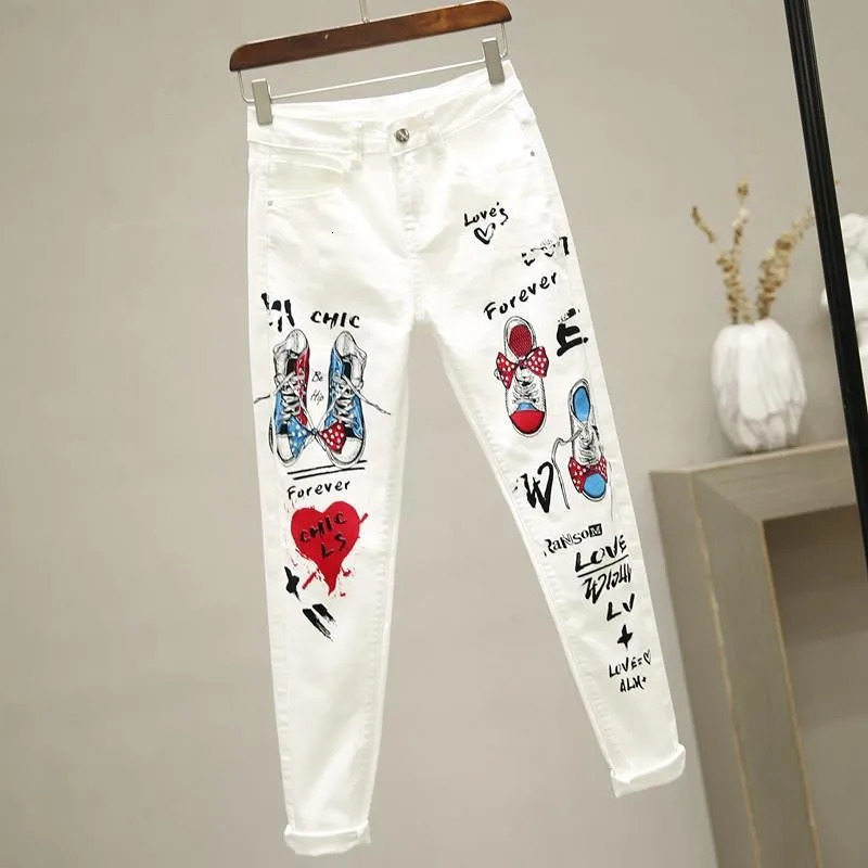 Women's Jeans Women White Denim Jeans Cartoon Graffiti Flowers Print Stretched Hallen Jeans Pencil Pants Autumn Skinny Jeans LU1271 231122