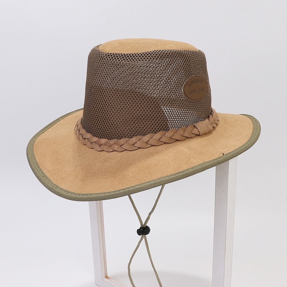 Wide Brim Hats Bucket Summer Man Cowboy Casual Style Suede Breathable Mesh Labeling Decoration Large Sunshade Outdoor Travel Cool Caps 230421