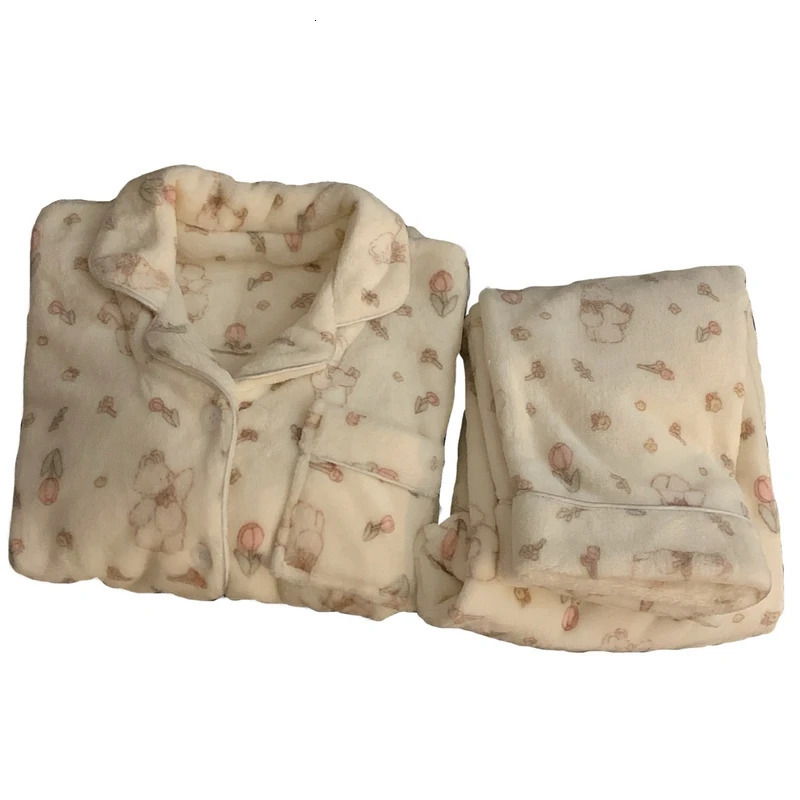 Womens Sleepwear Plus Size Winter Flannel Pajama Suit Coral Velvet Pajamas Long Nightgown Household Plush Thicken Korean Fashion 231122