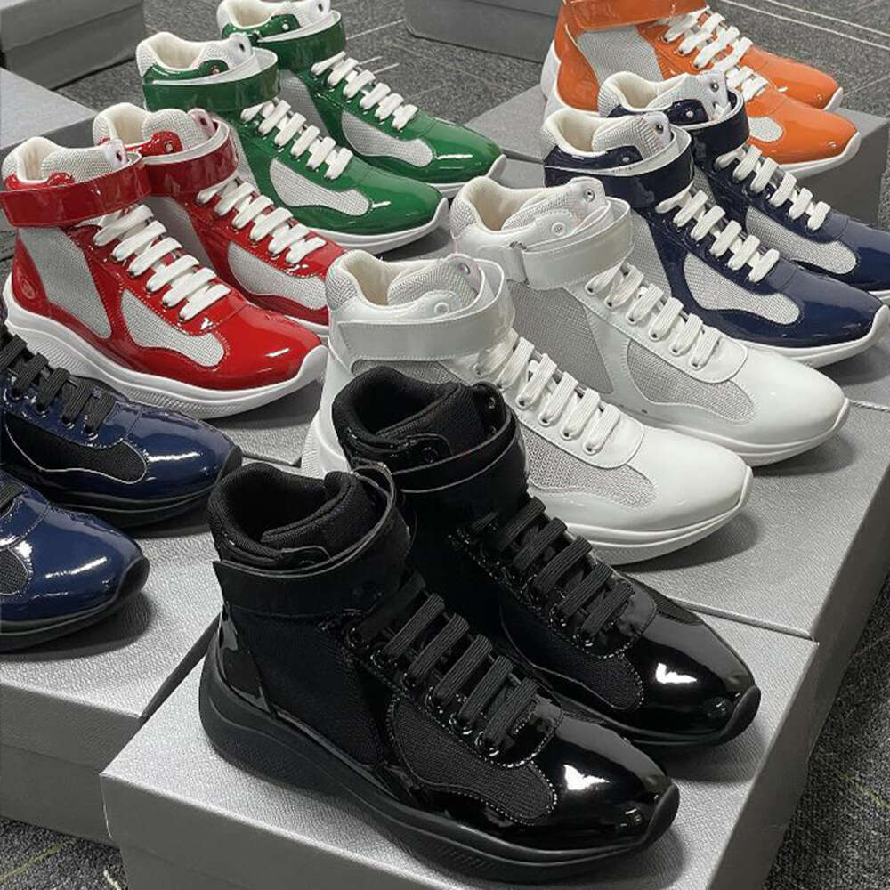 Men Americas Cup Xl Leather Sneakers Low High Top Women Patent Leather Flat Trainers Black Mesh Lace-up Casual Shoes Outdoor Runner Sport Shoes Size 36-47 With Box NO53