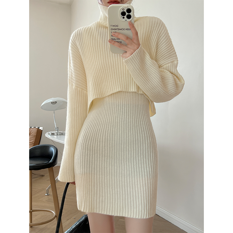 Two Piece Dress Elegant Women Sets Clothes Autumn Winter Turtleneck Sweater Pullover and Vest Dress Two-piece Set Casual Ensemble Femme Outfits 230422