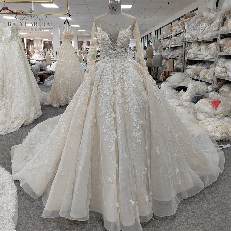 Factory Wholesale High Quality Long Sleeve Hand Made Beading Crystal Lace Applique Wedding Dresses For Bridal Wear