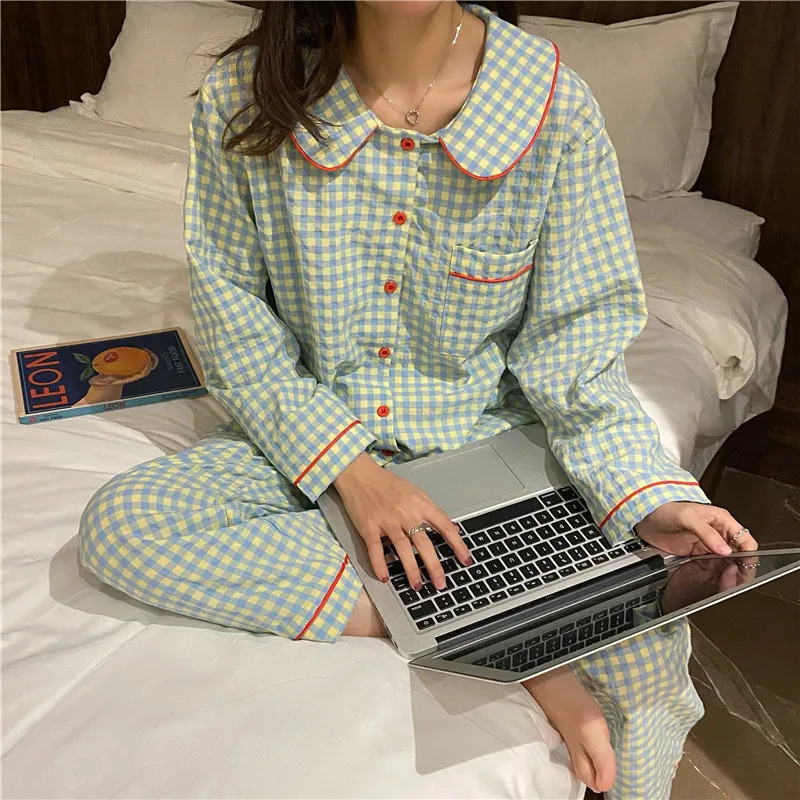 Womens Sleepwear Cotton Korean Pajamas Women Autumn Cute Heart Print Pyjamas Long Sleeve Pijama Female Set Negligee Cardigan Suit 231122