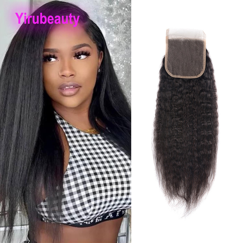 Kinky Straight 4X4 Lace Closure Peruvian Brazilian 100% Human Hair Top Closures Free Middle Three Part Natural Color Yirubeauty