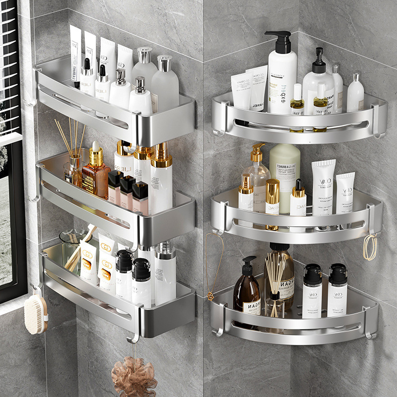 Bathroom Shelves Bathroom Shelf Organizer Shower Storage Rack Black Corner Shelves Wall Mounted No-drilling Space Aluminum Toilet Shampoo Holder 23042