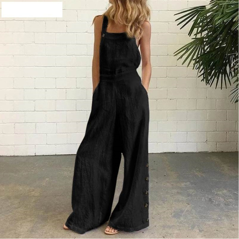 Women's Jumpsuits Rompers Women Jumpsuit Wide Leg Pants Pockets Loose Pure Color Side Buttons Summer Sleeveless Linen Long Trousers 230422
