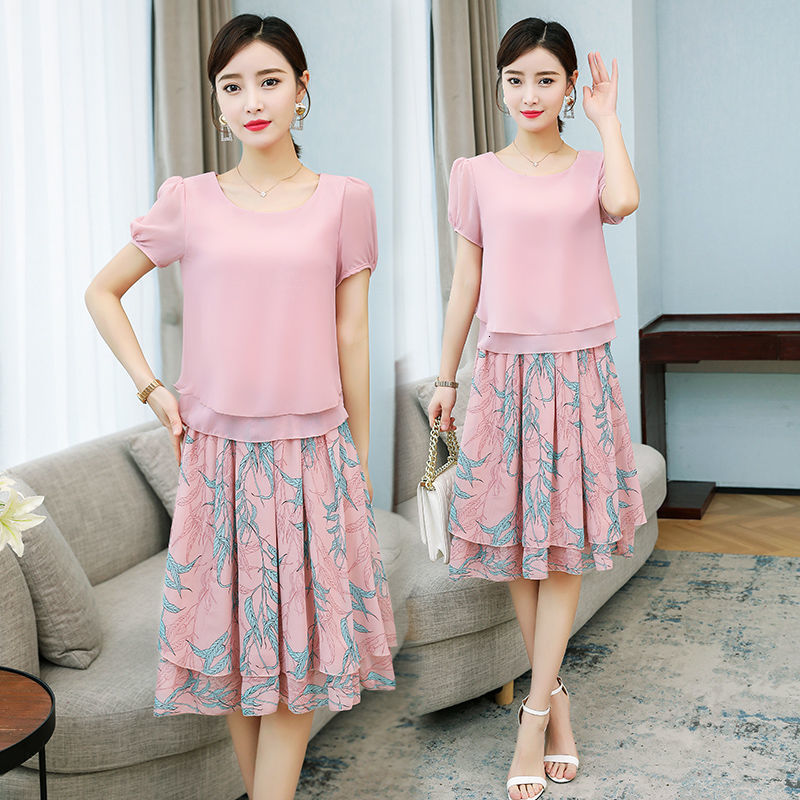 Two Piece Dress Two Piece Sets Women Summer Chiffon Print Shirt and Midi Skirts 2pcs Set Female Korean Casual Office Skirt Suit 5XL E68 230422
