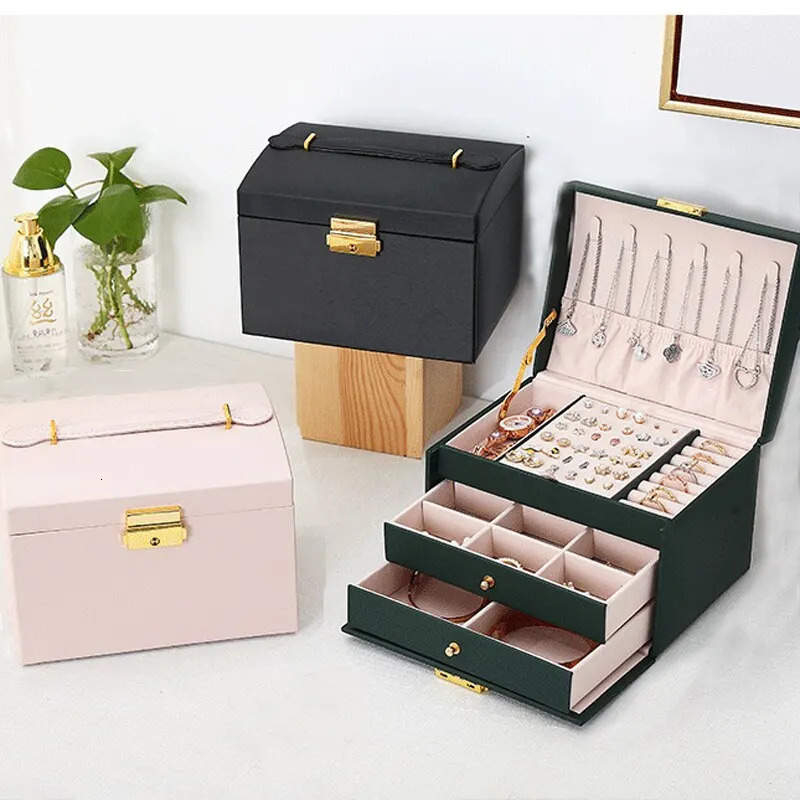 Jewelry Boxes 1pcs Multi Functional Three Layer Leather Drawer Style Jewelry Box Earrings Lock Jewelry Box 231121