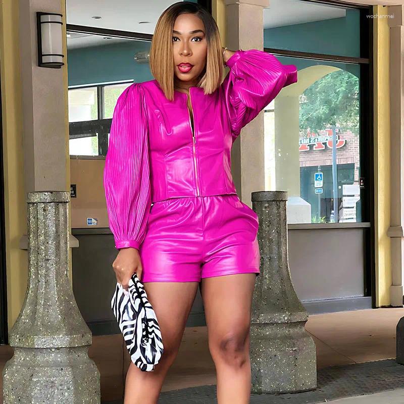 Women's Tracksuits PU Leather Short Sets Womens 2 Piece Outfit Set Fall Winter 2023 Lantern Sleeve Coat Top And Shorts Matching Wholesale