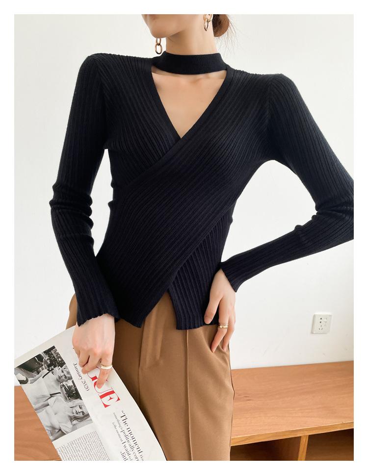 Womens Sweaters Vintage V-neck Cross Choker Sweater Women Autumn Stylish Stretchable Chompas Para Mujer Office Lady Criss-Cross Casual Swea