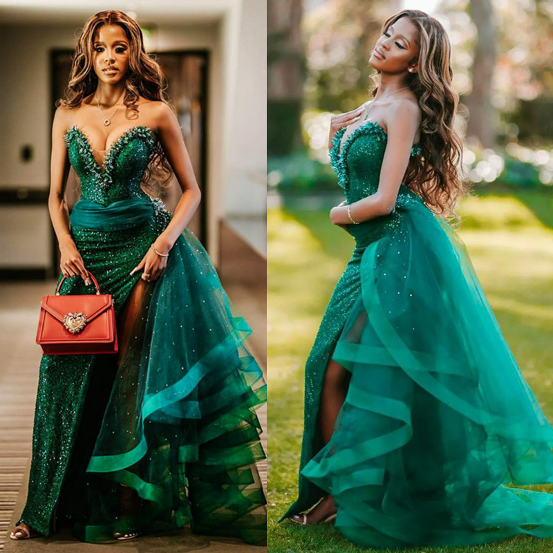 Free Shipping Emerald Prom Dresses Sweetheart Necke Lace Beaded Crystals with Wrap Slit Long Train Elegant Evening Dress Gorgeous Party Gowns