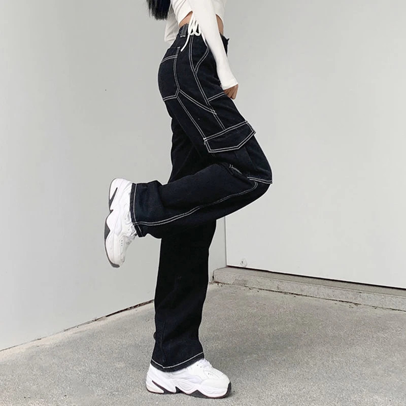 Women's Jeans Streetwear Pockets Black Cargo Jeans Women High Waist Straight Denim Trousers Woman Harajuku Wide Leg Long Pants 231122