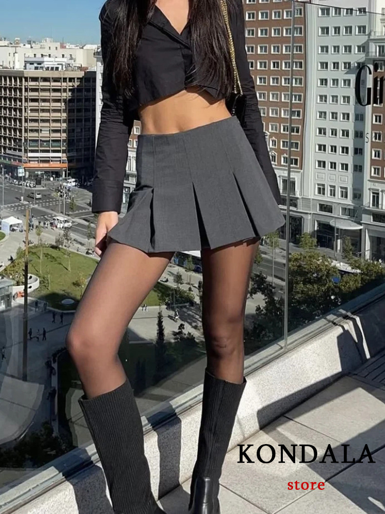 Skirts KONDALA Vintage Dark Grey Mini Skirts Women Ruffles Pleated Sexy Shorts Skirts Female Fashion Streetwear Mujer Faldas 230422