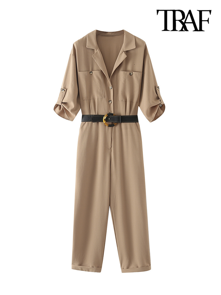 Women's Jumpsuits Rompers TRAF Women Fashion With Belt Side Pockets Jumpsuits Vintage Short Sleeve Front Buttons Female Playsuits Mujer 230422