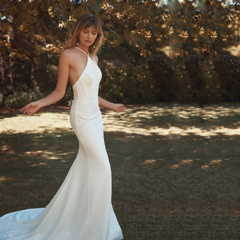 Mermaid Wedding Halter Dresses Backless Satin Country Bridal Gown Custom Made Womens Reception Party Dress