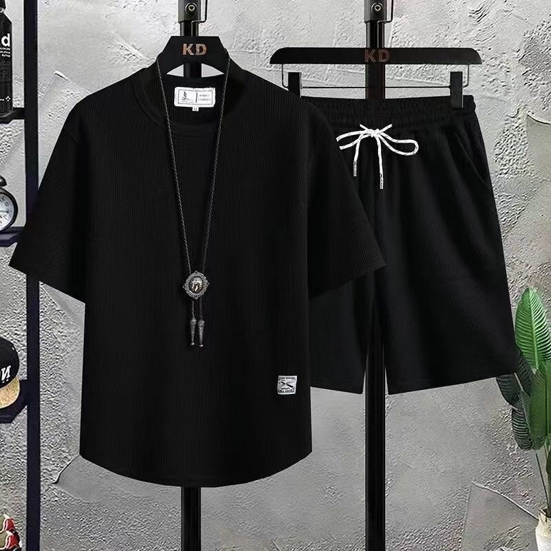 Men's Tracksuits Men's Waffle Pattern 2 Piece Set Shorts Set Summer Tracksuit Men Fashion T-shirt Harajuku Fashion Loose Sweatsuit Clothing 