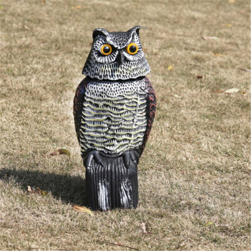 Garden Decorations Realistic Bird Scarer Rotating Head Sound Owl Prowler Decoy Protection Repellent Pest Control Scarecrow Yard Move 230422