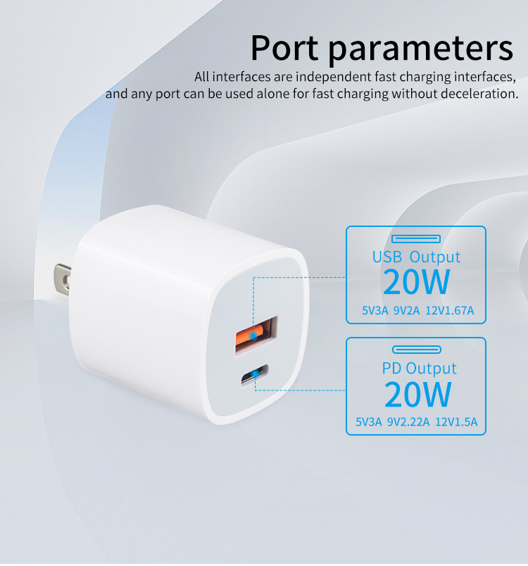 Mini 20W Charger Dual Ports USB-C Power Adapter PD+QC3.0 USB Type C Wall Charger