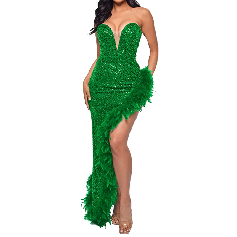 Casual Dresses Ladies Tube Dress Strapless Backless Side Slit Sexy Sequin Feather Hem Gown Celebrity Party Vestidos Fashion Irregular