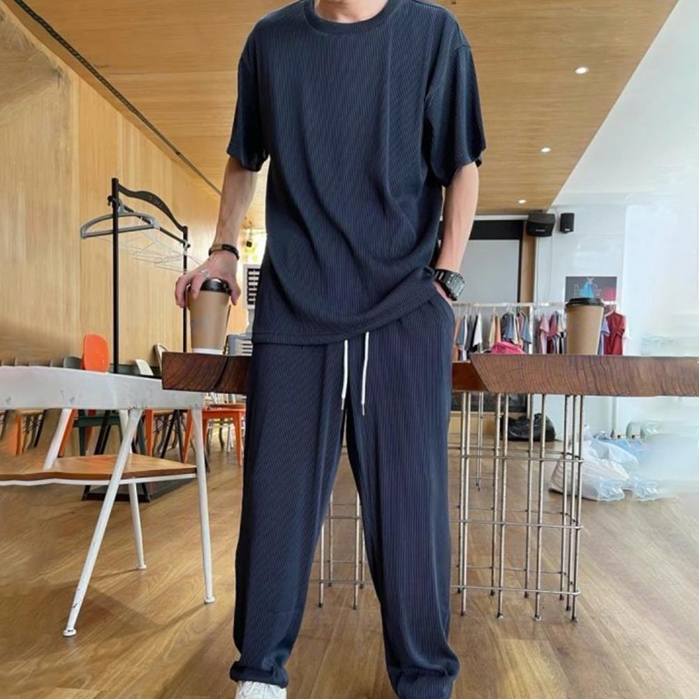 Men's Tracksuits Summer Tracksuit Sets Men Outfit Solid Ice Silk Draped Short Sleeve Tops Long Pant Loose Tracksuit Casual Suits ropa hombre 2304