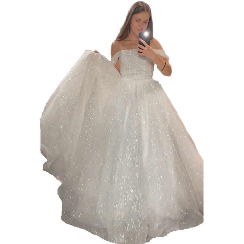 2024 Sparkly White Sequined Tulle A Line Wedding Dresses Floor Length Off The Shoulder Long Bridal Gowns Glitter Bride Dress Custom Made