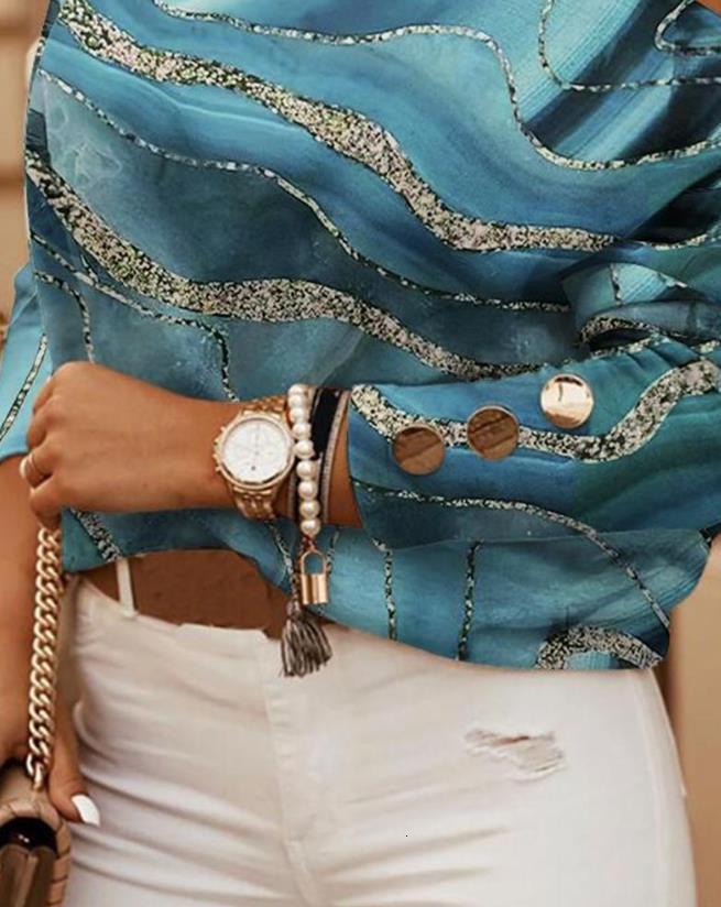 Women's T-Shirt Cold Shoulder Top for Women Marble Print Metal Decor Daily Long Sleeve Tee Casual 230422