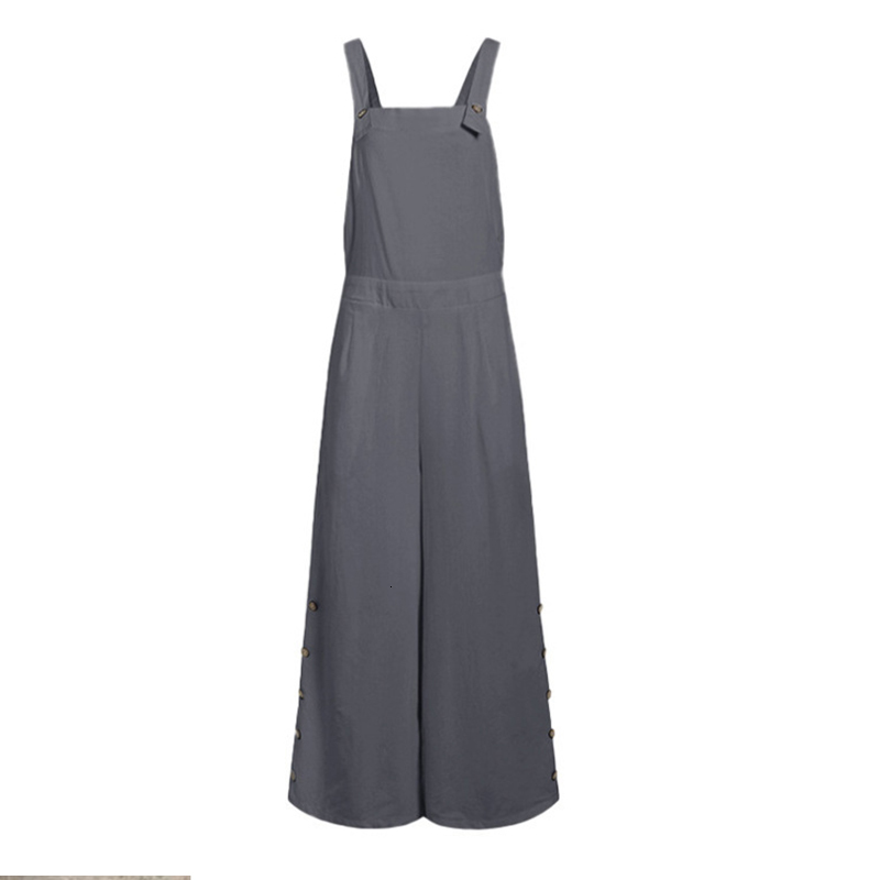 Women's Jumpsuits Rompers Women Jumpsuit Wide Leg Pants Pockets Loose Pure Color Side Buttons Summer Sleeveless Linen Long Trousers 230422