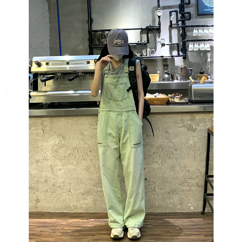 Women's Jeans Winter Green Denim Overalls Pant for Women Y2k Streetwear Baggy Pocket Straight Bib Rompers Trousers Korean Ladies 230422
