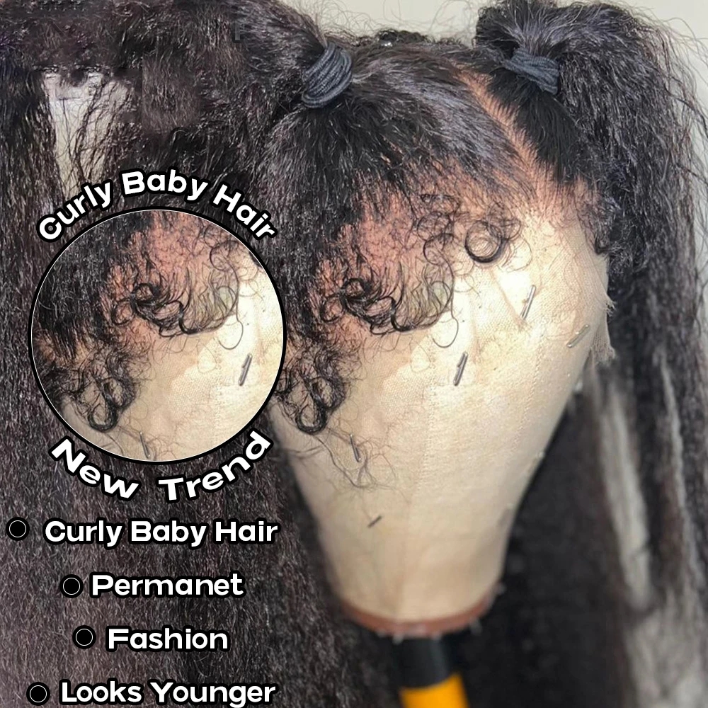 Yaki Kinky Edges Curly Baby Hair human hair Wig 360 full natural HD Lace Frontal Wig Kinky Straight Lace Front Wigs pre plucked 150%density for black 