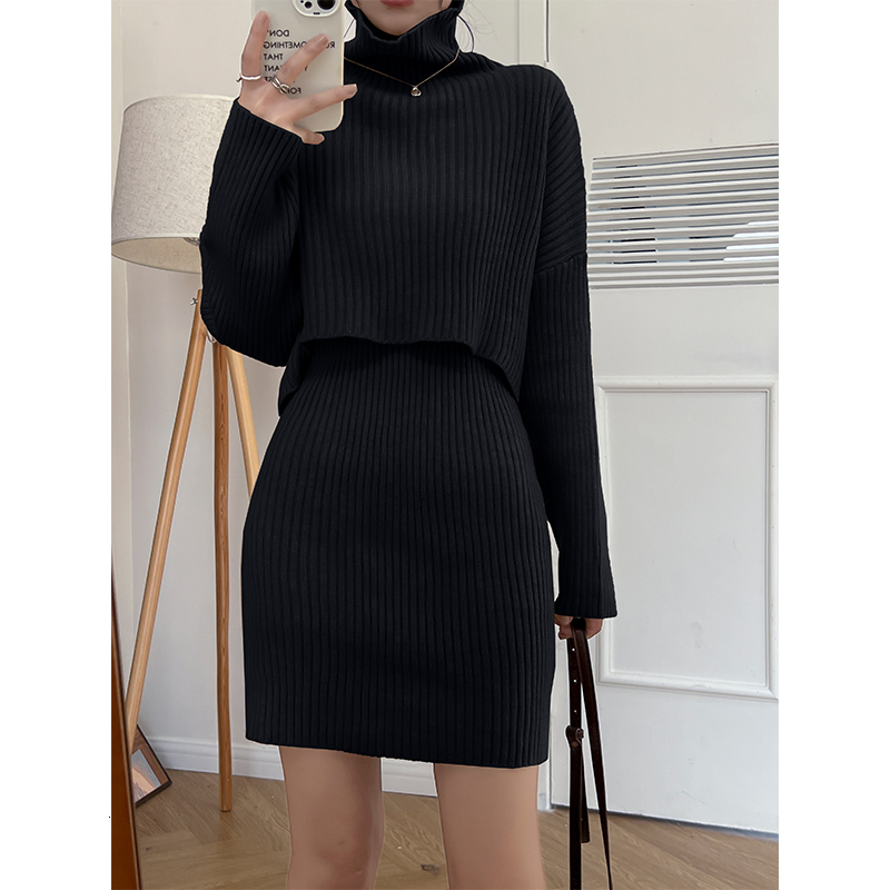 Two Piece Dress Elegant Women Sets Clothes Autumn Winter Turtleneck Sweater Pullover and Vest Dress Two-piece Set Casual Ensemble Femme Outfits 230422