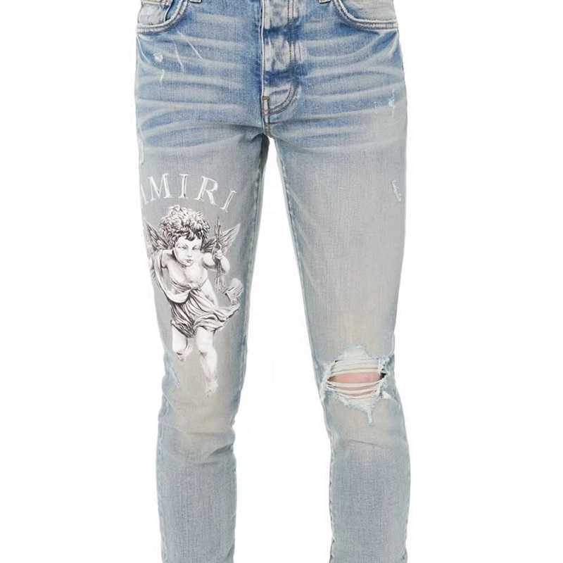 Designer Clothing Fashion Denim Pants Amiiri New High Street Trend Brand Light Angel Print with Broken Holes Old Made Elastic Slim Fit Small Foot Jeans Male, As shown in figure
Designer Clothing Fashion Denim Pants Amiiri New High Street Trend Brand Light Angel Print with Broken Holes Old Made Elastic Slim Fit Small Foot Jeans Male, As shown in figure