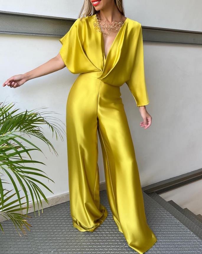 Women's Jumpsuits Rompers Jumpsuit for Women Fashion Plunge Satin Asymmetrical Sleeve Backless Loose Elegant Wide Leg Jumpsuit 230422
