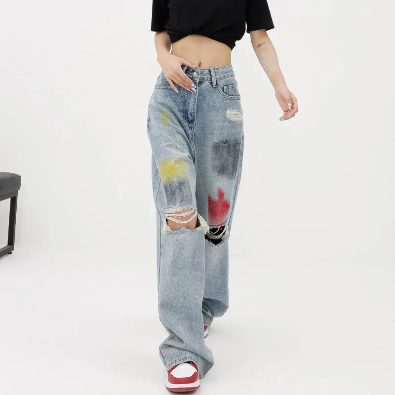 Women's Jeans Summer Graffiti Blue Wash Hole Jeans Women's Wide Leg Pants Floor Slam Pants Straight Tube Pants Women's Fashion Trend 23