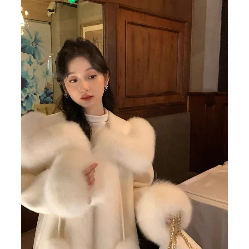 Women's Fur Faux Fur Reversible Cashmere Coat Fox Fur Mixed Fur Cloak Woolen Coat 231121