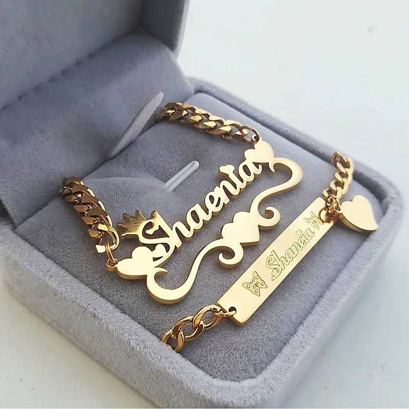 Pendant Necklaces Custom Baby Kid Name Necklace Bracelet Jewelry Set Stainles Steel Gold Color Heart Crown Butterfly Charm Boy Girl Accessories 231122