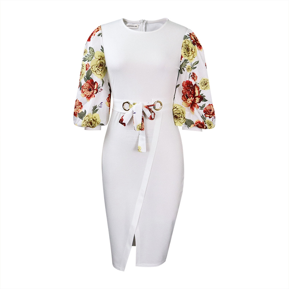 Prom dress designer dress Lantern Sleeve Bodycon Midi Dress Chic Elegant Floral Print Casual Evening Party Dress With Belt Summer Club Women Outfits w