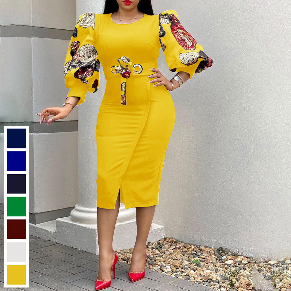 Prom dress designer dress Lantern Sleeve Bodycon Midi Dress Chic Elegant Floral Print Casual Evening Party Dress With Belt Summer Club Women Outfits w