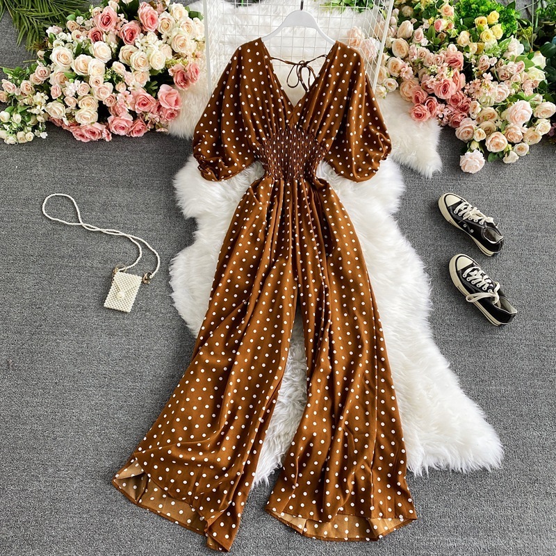 Women's Jumpsuits Rompers F V Neck Sexy Dolman Sleeves Waist Slim Polka Dot Print Jumpsuit Women Wide Leg Trousers Jumpsuit 230421