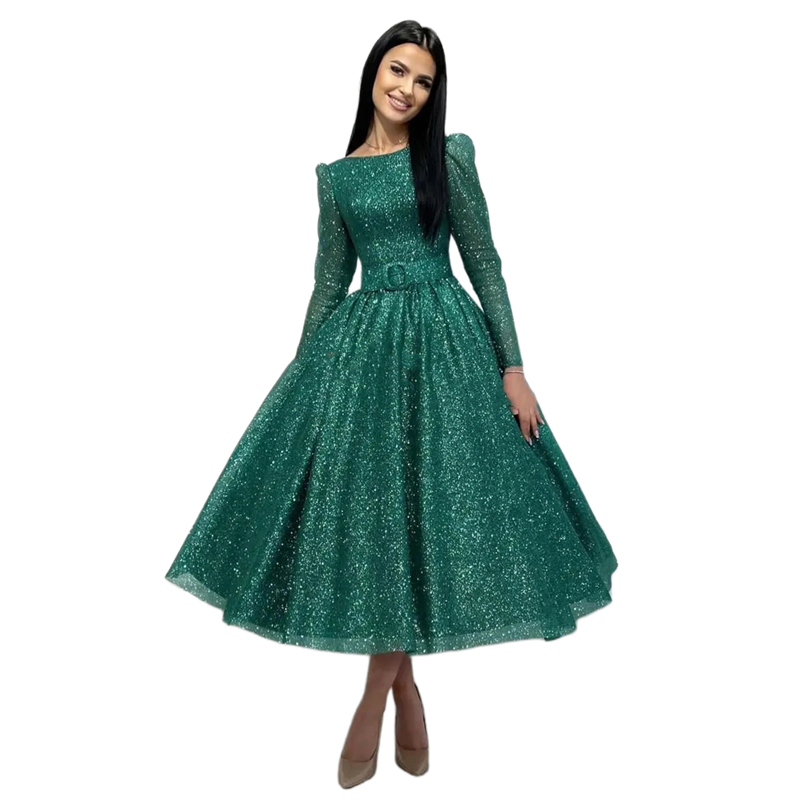 2024 Elegant Tea Length Homecoming Dresses A Line Glitter Green Sequined Long Sleeves Formal Party Gowns Sexy Backless Prom Dress