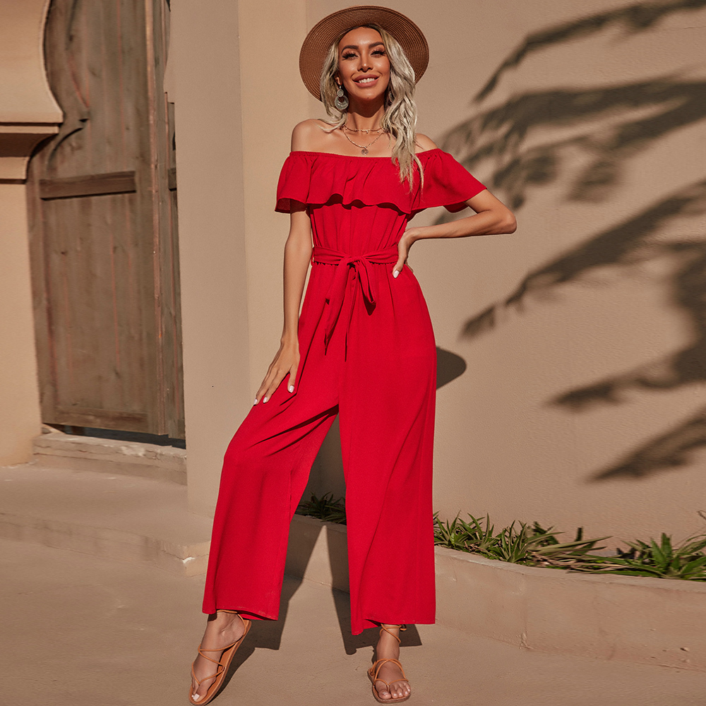 Women's Jumpsuits Rompers Spring and Summer Ladies Red Slash Neck Lotus Leaf Sleeve Strapless Belt Thin Pants 230422