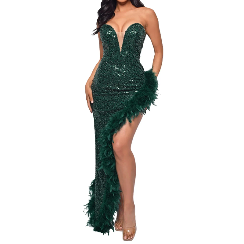 Casual Dresses Ladies Tube Dress Strapless Backless Side Slit Sexy Sequin Feather Hem Gown Celebrity Party Vestidos Fashion Irregular
