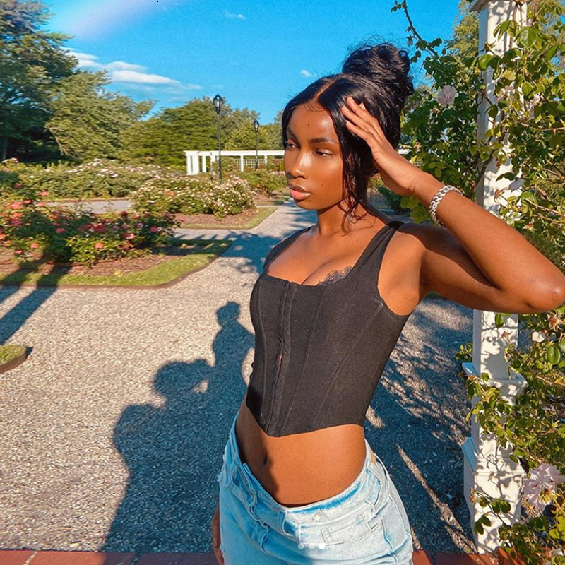 Women's Tanks Camis Summer Corset Crop Top Sleeveless Square Neck Buckle Bandage Club Street Style Irregular Hem Backless Vest Tank 230422Z