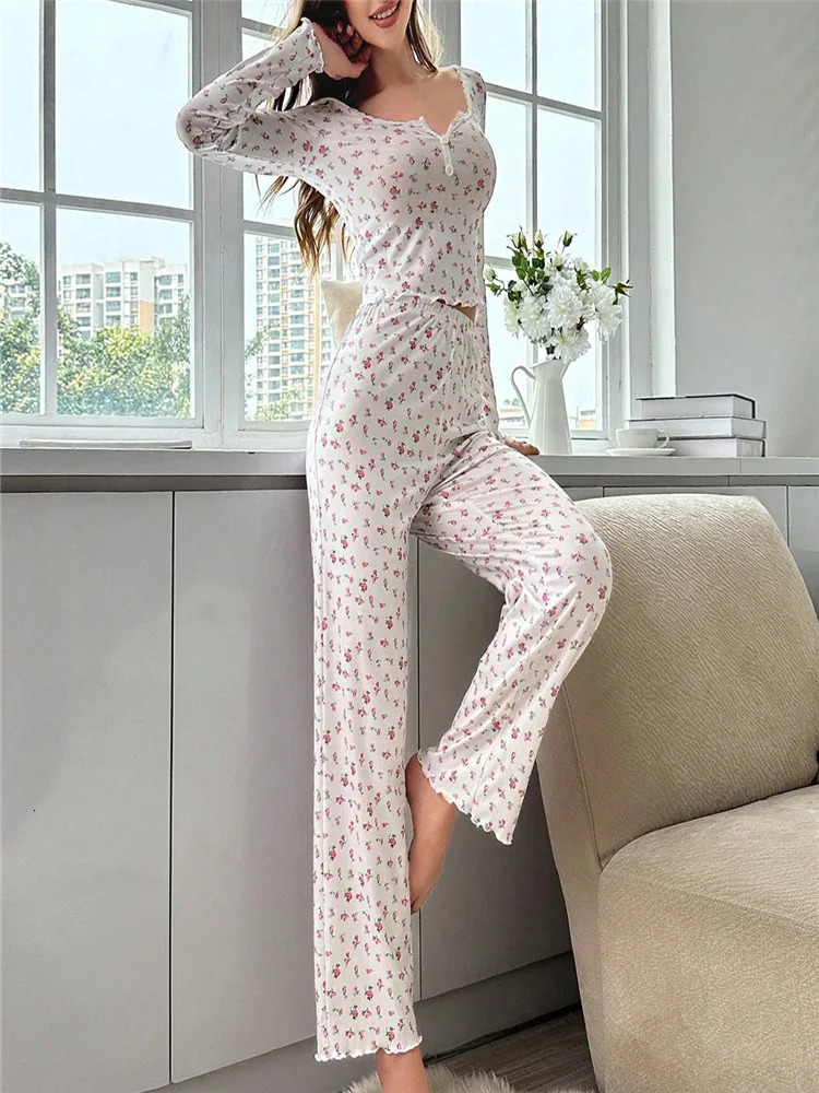 Womens Sleepwear Ditsy Floral Print Lettuce Trim PaJamas Set Elastic Waistband Loungewear Full Sleeve Nightwear 231122