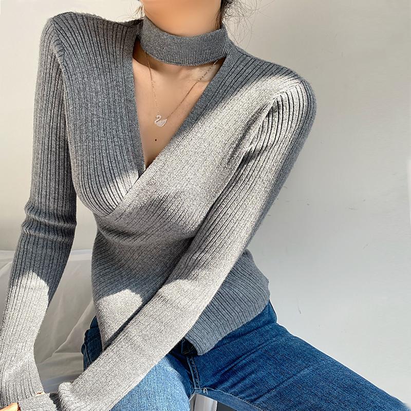Womens Sweaters Vintage V-neck Cross Choker Sweater Women Autumn Stylish Stretchable Chompas Para Mujer Office Lady Criss-Cross Casual Swea